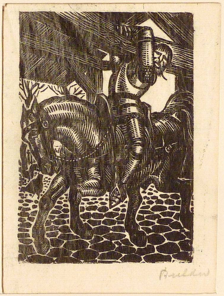 boekillustratie man op paard in harnas hangend aan balk