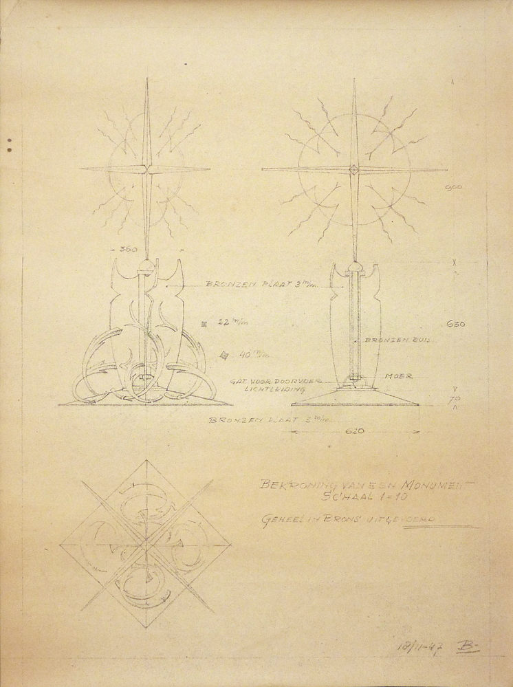 ontwerp monument bekroning  voor monument gevallenen 1940-1945 sappemeer 18-11-1947