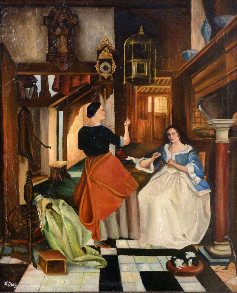 olieverf op doek, middeleeuw tafereel, twee tegenover elkaar zittende vrouw en staande vrouw, links spinnewiel, zijn garen aan het opwinden, linksonder in wit gesigneerd Nico Bulder.