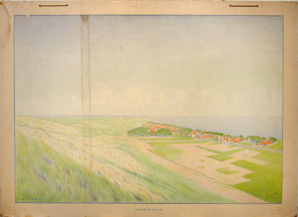 rechthoekige schoolplaat met inscriptie F. Hart Nibbrig Vlieland en het Vlie , uitgave P Noordhoff groningen