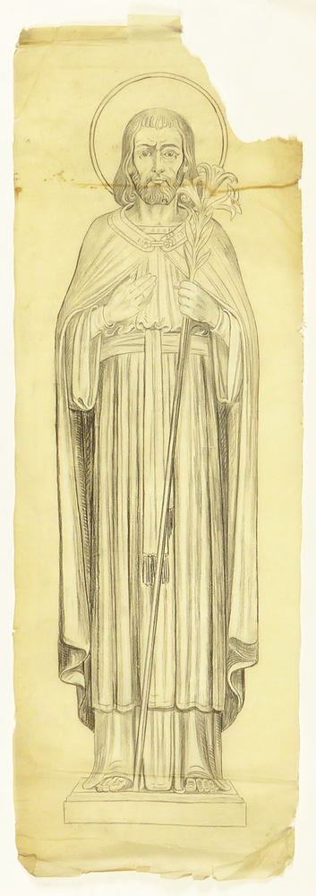 ontwerptekening Christus met aureool en lelietak, vooraanzicht, ten voeten uit, lijkt houtskool