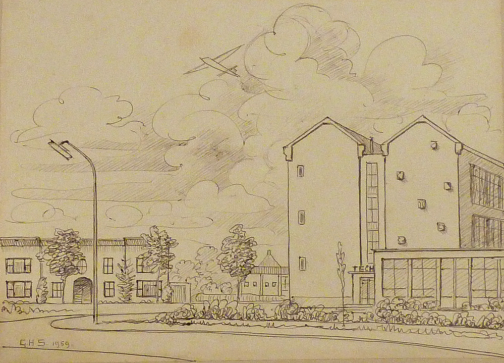 pentekening door G.H.Streurman op 19-09-1959 cadeau gegeven aan Albert te Bos en Janny Beet t.g.v. hun huwelijk. Het stelt voor het ouderlijk huis van Albert aan de J Kazemierstraat en de school waar de vader van Albert les gaf. Het vliegtuigje symboliseerd de koninklijke luchtmacht waarbij Albert toendertijd officier was.