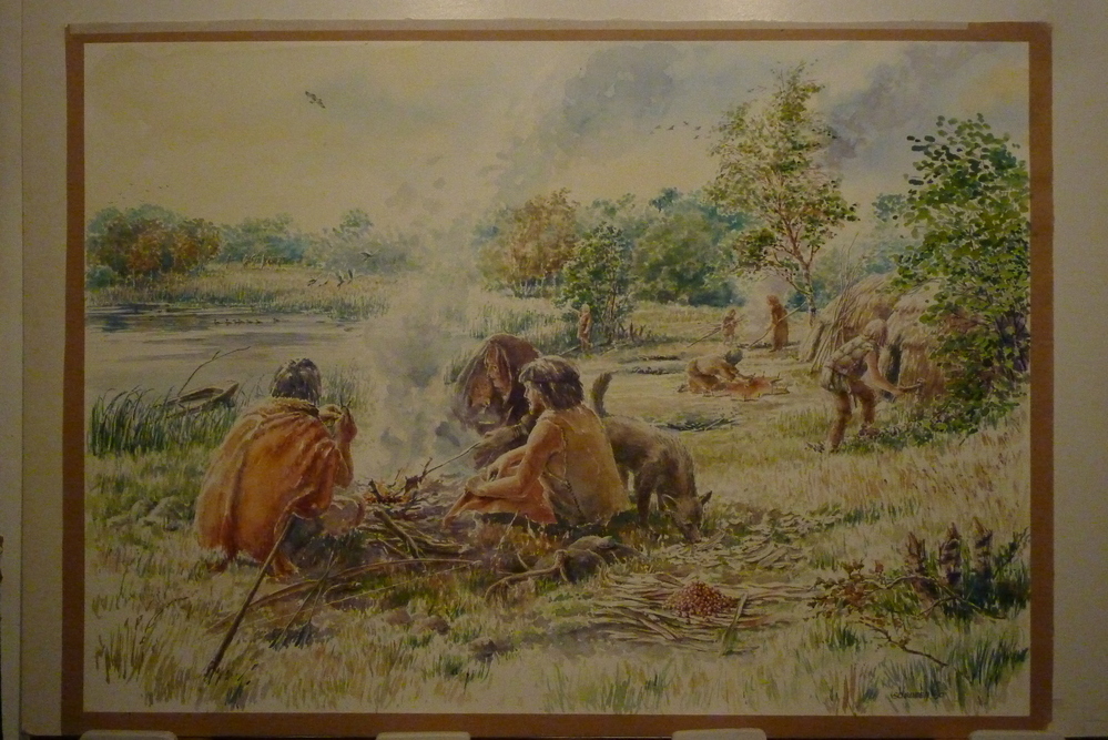 een impressie van een mesolitisch kampement van jagers / verzamelaars