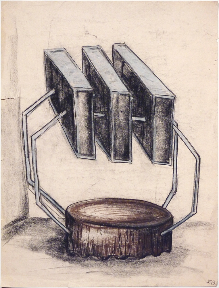 crayontekening van een boomstam, met hieruit 4 stangen die naar boven toe lopen waartussen 3 rechthoekige vormen zitten geklemd.