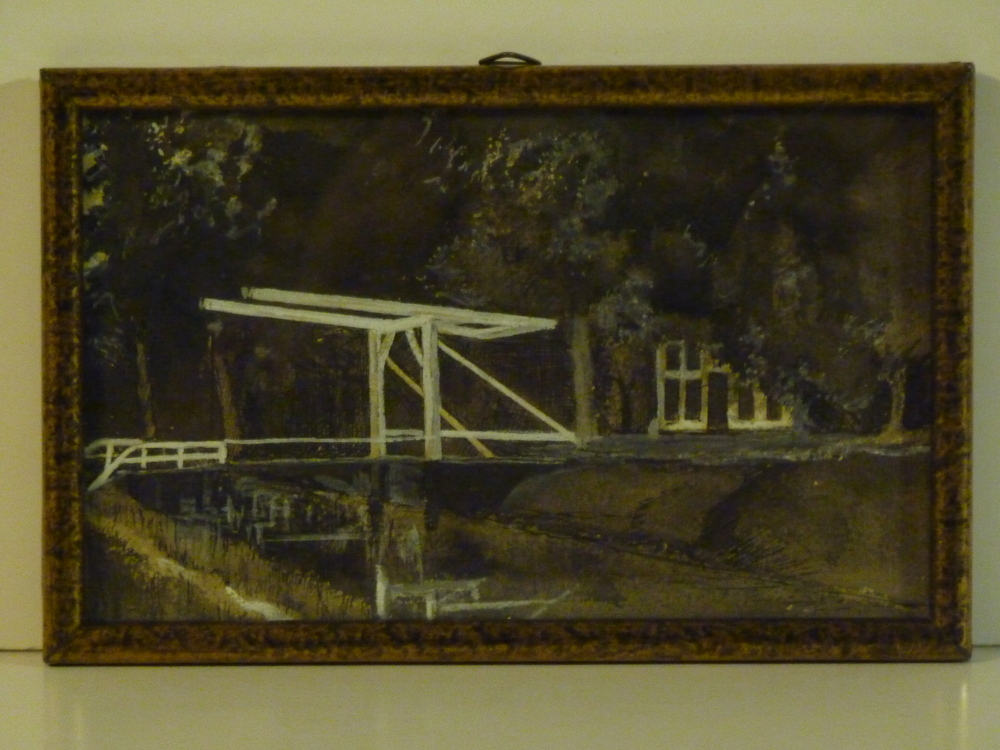 reproductie van een foto uit 1908 van de klapbrug van Somerlust. Het buitenhuis is nog juist zichtbaar tussen de bomen. Het huis werd 1910 gesloopt. Op de originele foto staan er nog mensen op de klapbrug. Huize Somerlust stond op de hoek Scholthuizen - Boven Westerdiep - Westerbrink.