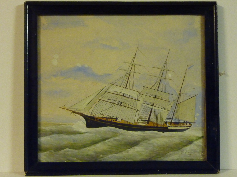 aquarel schoener Eva op zee door D. Bonsink 1918.