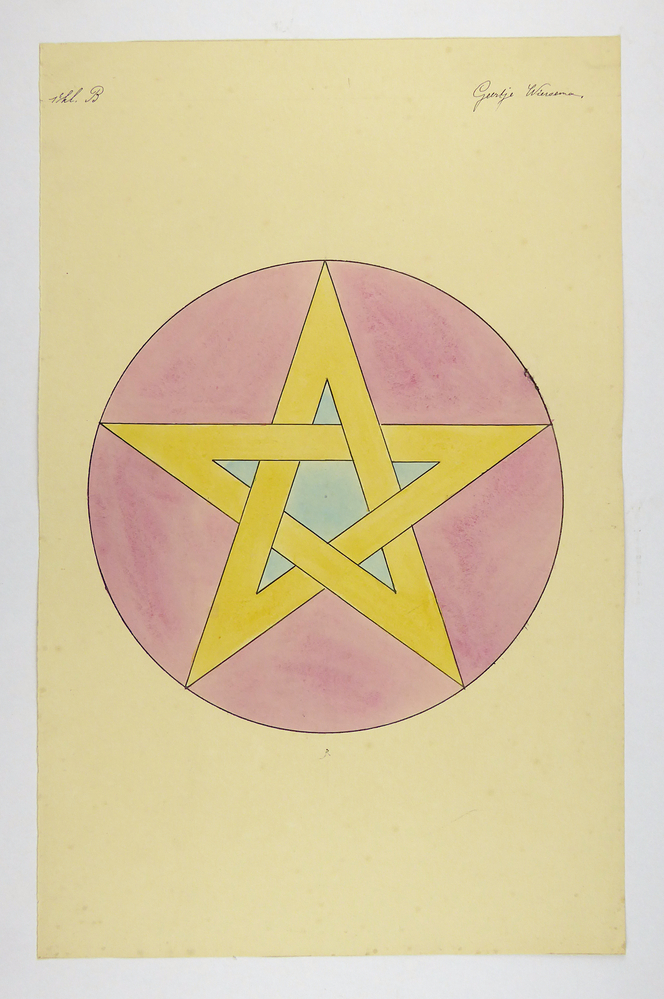 gele vijfpuntige ster, bestaande uit een continu lijn, met blauwe binnenkant op een rode cirkelvormige achtergrond