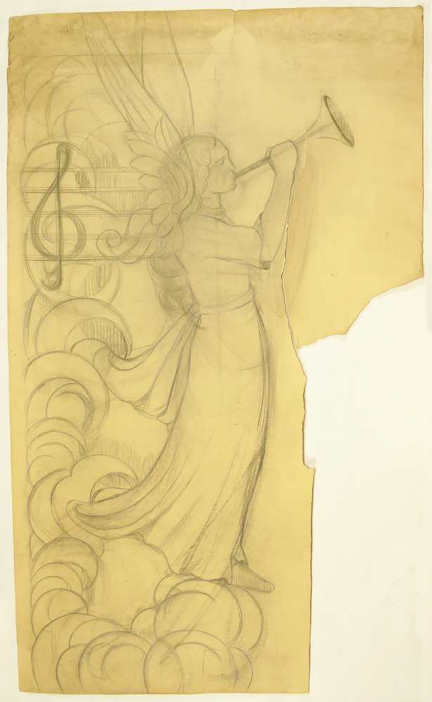 engel met bazuin, op achterkant spiegelbeeld in blauw