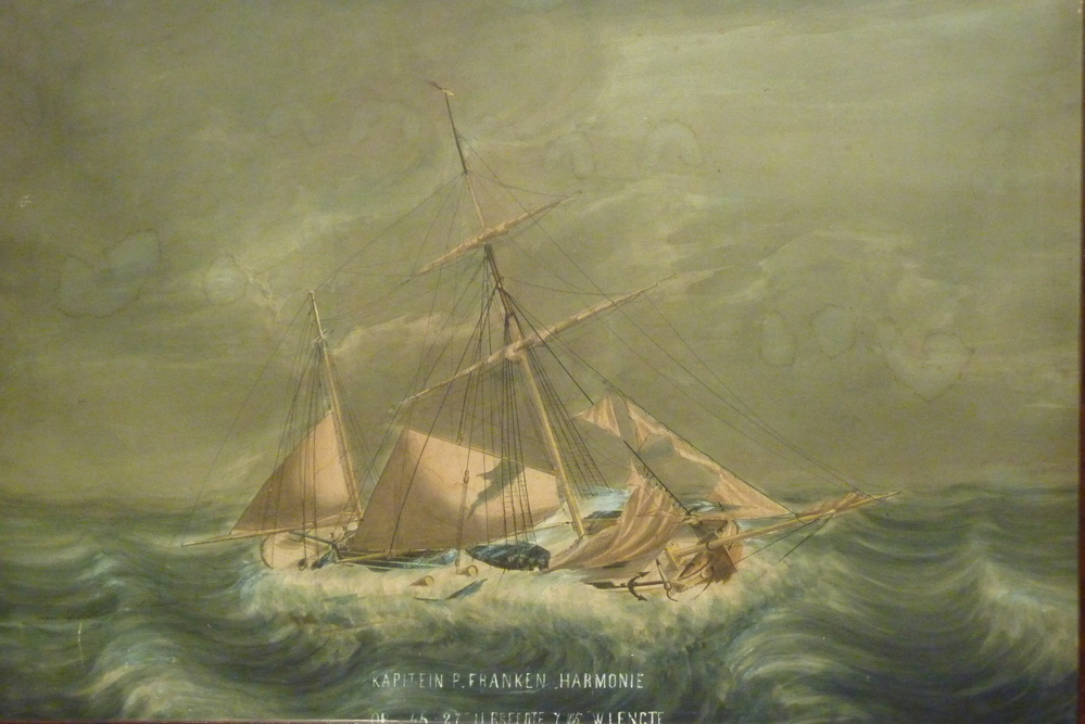 Scheepsportret Mastenkof Harmonie: kapitein P Franken Harmonie op 48.27. N Breedte 7.15 W lengte, met beschadigde zeilen in een storm.