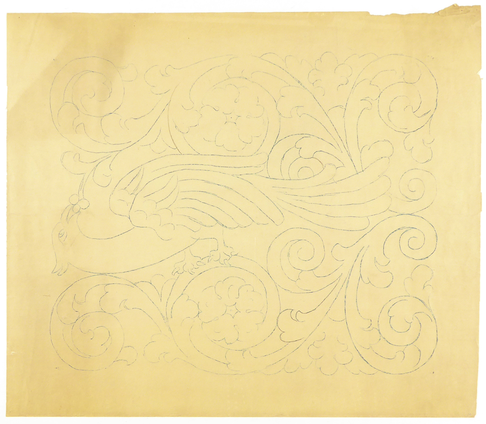 ontwerp voor een paneel voor een dekenkist met vogel en bladmotief