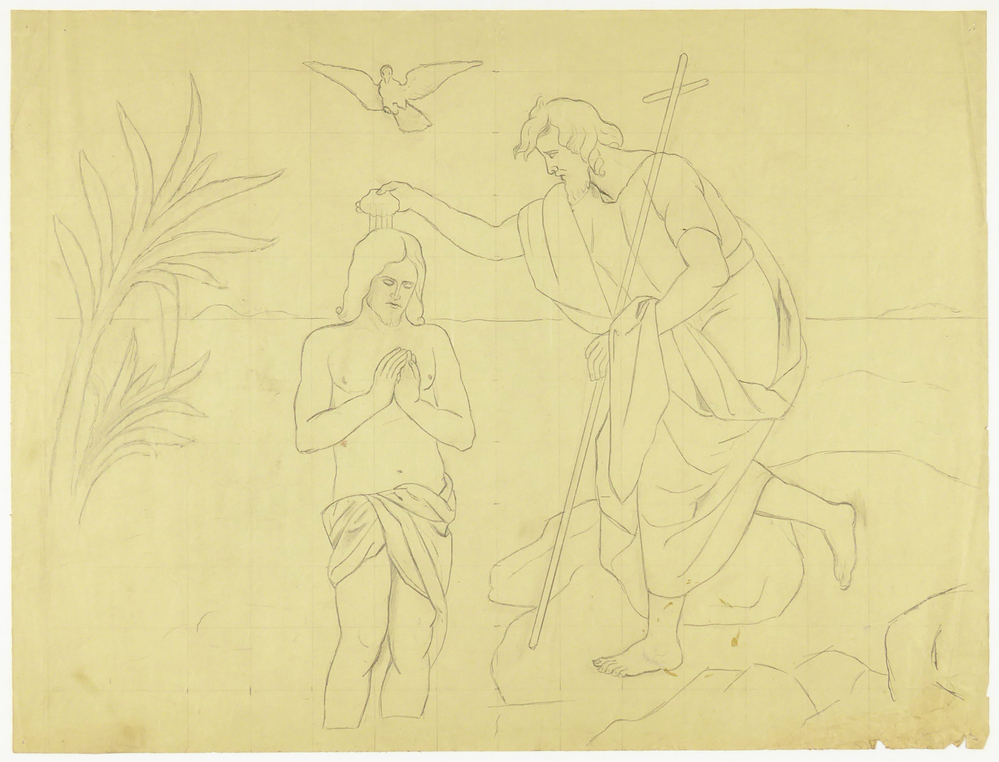 Ontwerptekening Jezus, duif en Johannes de Doper