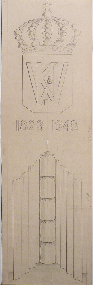 ontwerp voorop jubileumkast voor K & J Wilkens, inscripie Kroon met daaronder K & J W met daaronder 1823 1948