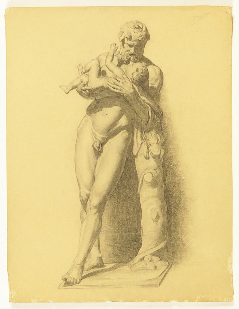 man die met een arm op een zuil leunt en ondertussen een baby in de armen vasthoud , vooraanzicht, Silenus houdt het kind dyonisus in zijn armen