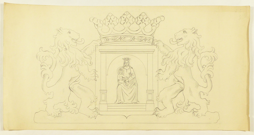 maria en kind, links en rechts geflankeerd door een nederlandse leeuw, wapen van drenthe , gemeentehuis te assen