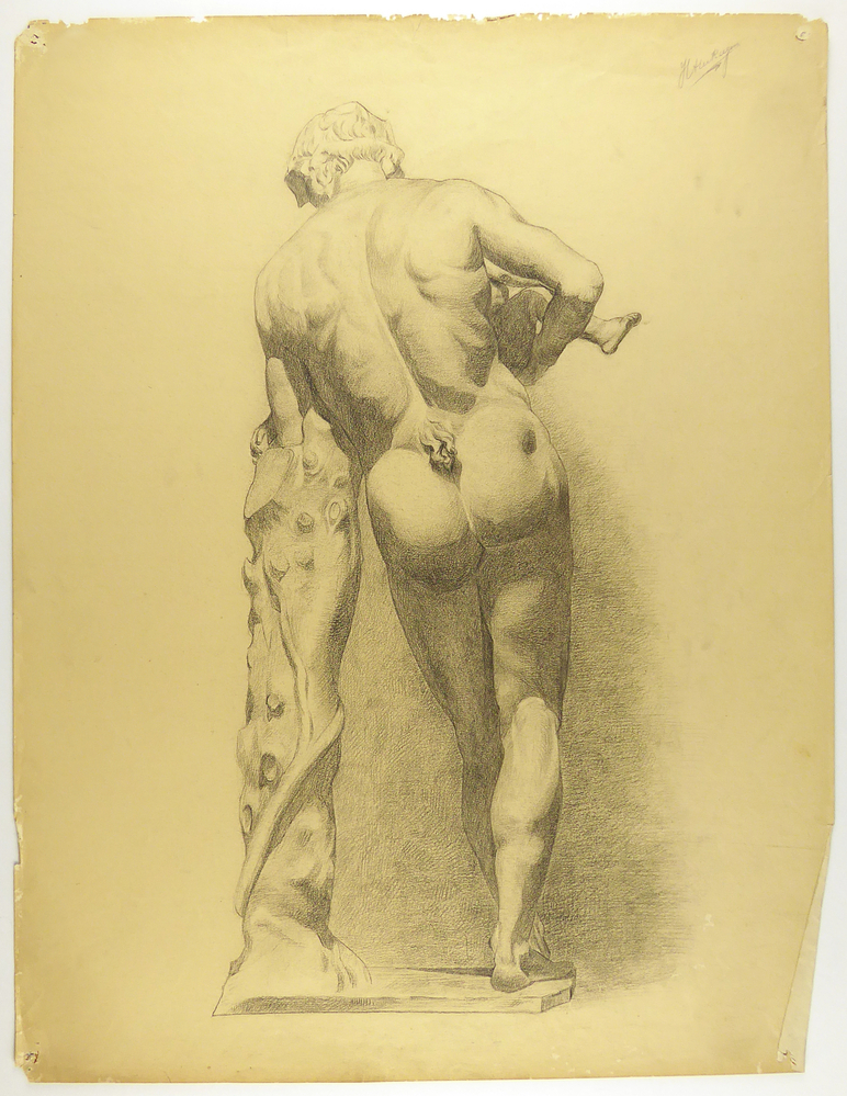 man die met een arm op een zuil leunt en ondertussen een baby in de armen vasthoud , vooraanzicht, Silenus houdt het kind dyonisus in zijn armen, achteraanzicht, achteraanzicht