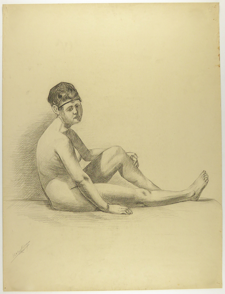 naaktportet van een zittende vrouw op de grond