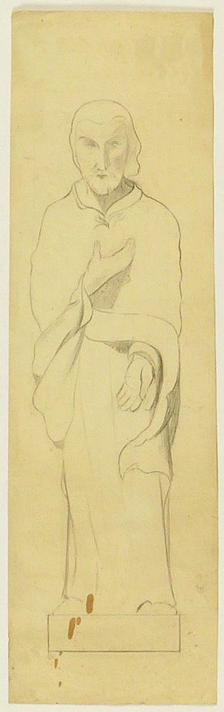 een man die in zijn rechterhand een appel vasthoud voor zijn borst en de linkerhand gestrekt naar beneden houd