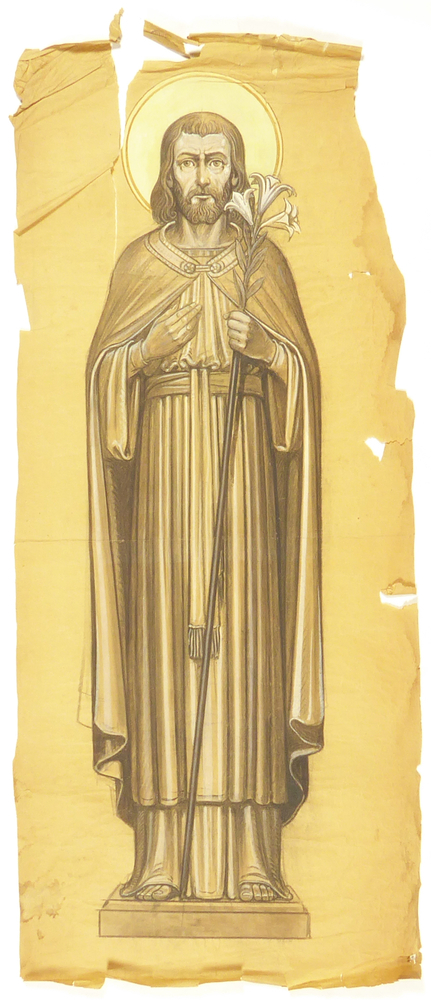 icoon, met aureool, staf met bloem aan het eind, staat in kerk sappemeer