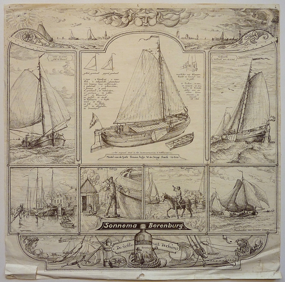 pentekeningen van Peter Dorleijn getekend in 1972 , diverse schepen, scheepsbouw en reclame Sonnema Berenburg, de echte uit Dokkum.