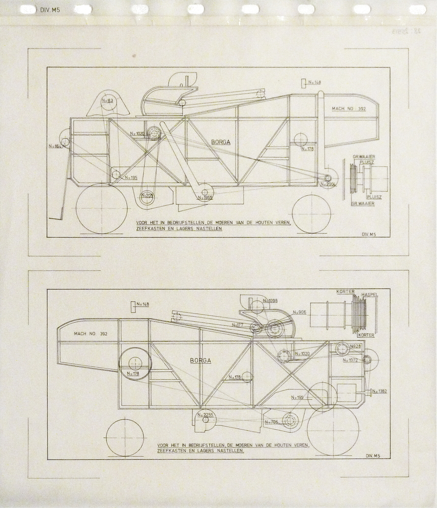 dwarsdoorsnede dorsmachine met tekst : Div M 5 voor het in bedrijfstellen, de moeren van de houten veren, zeefkasten en lagers nastellen