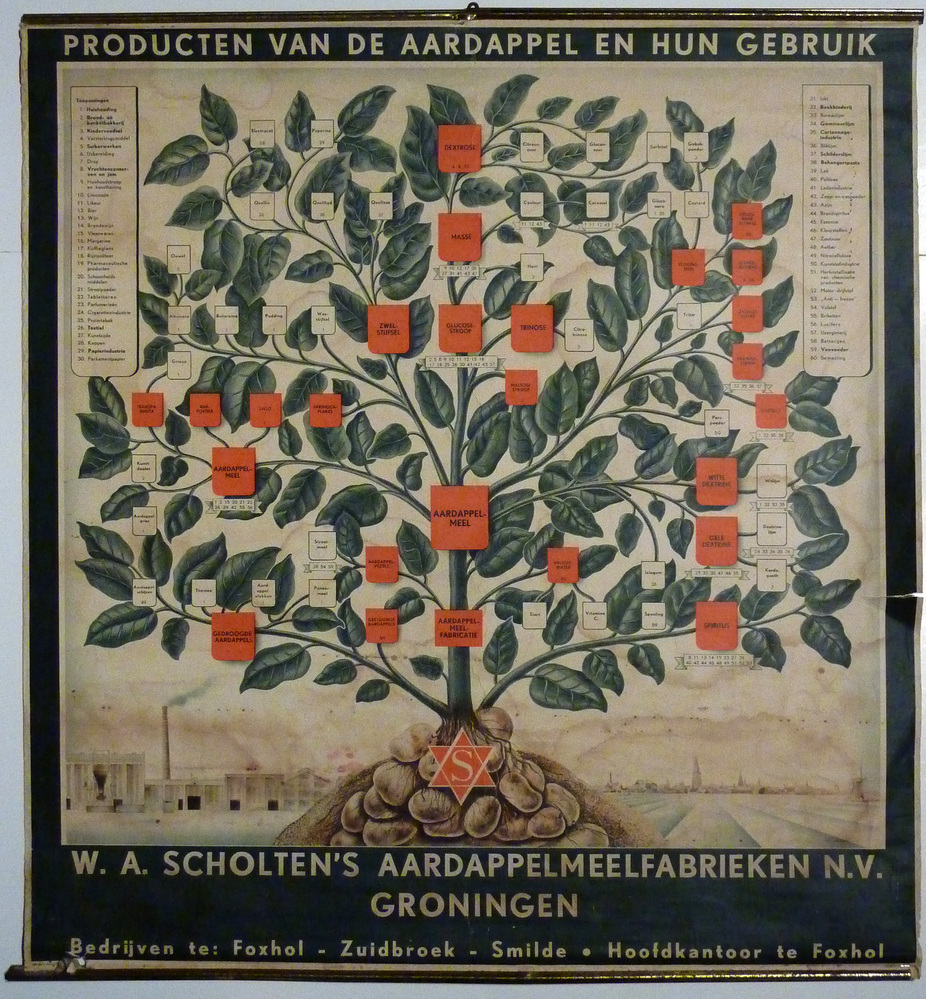 wandplaat tussen twee ijzeren ophangstrips, boven en onderin donkergroen vlak, linksonderin afbeelding fabriek W.A.Scholten te Foxhol, rechtsonderin afbeelding landschap met molen en op achtergrond stad met toren, in het midden een aardappelplant met daarin alle produkten die er van worden gemaakt, als een soort stamboom, bovenin witte inscriptie : producten van de aardappel en hun gebruik, onderkant witte inscriptie : W.A.Scholten's Aardappelmeelfabrieken NV Groningen. Bedrijven te Foxhol, Zuidbroek, Smilde Hoofdkantoor te Foxhol.