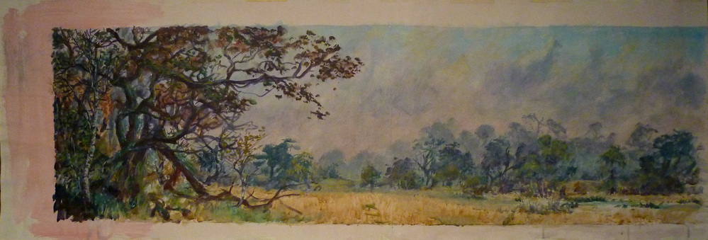 ontwerp van de wand van de prehistorie zaal in de vaste expositie