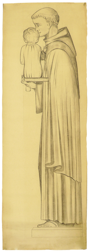ontwerptekening voorbereidende tekening beeldhouwwerk zijaanzicht Antonius van Padua met Christuskind, achterkant blauwe carbonlijnen tekening voorkant