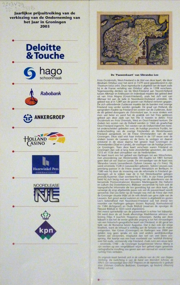 beschrijving die past bij de reproductie van een kaart van Frisia Occidentalis (West Friesland) van Sibrandus Leo uit 1579