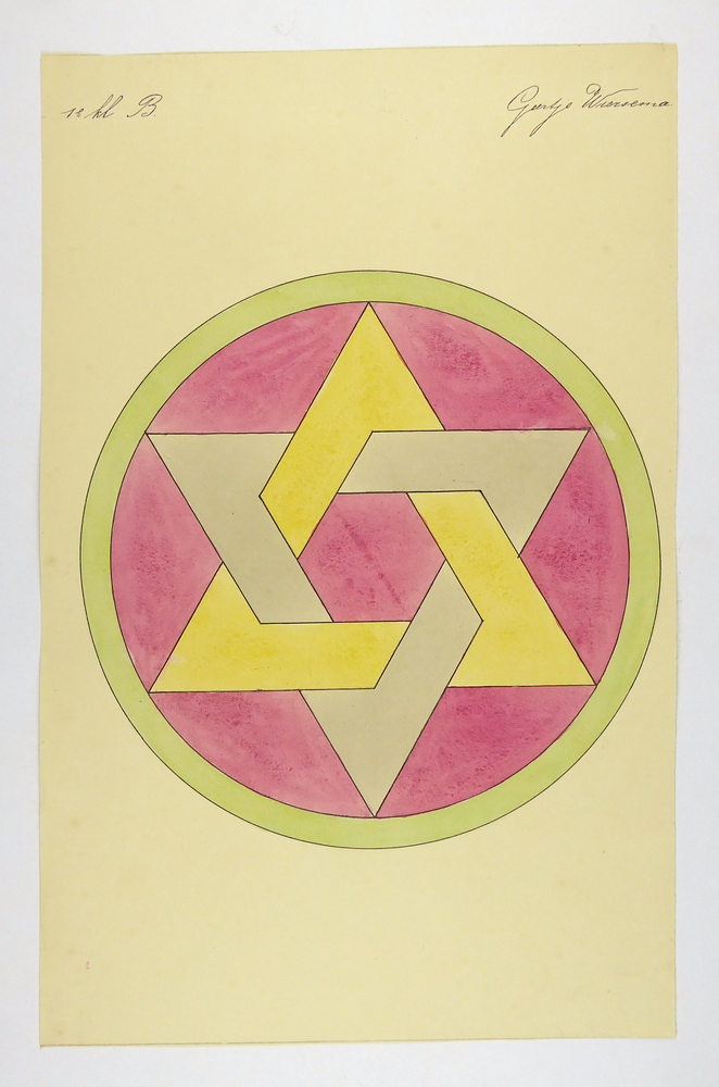 een gele driehoek en een grijze driehoek bestaande uit een lijn, in elkaar verweven als een ster, op een rode achtergrond, omvat met een groen rand