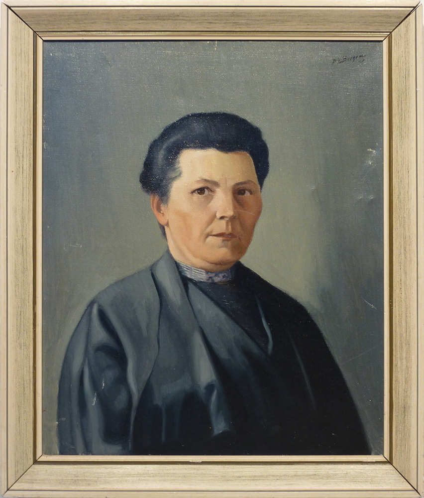olieverfschilderij op doek van Petronella Cornelia Mooijman, (modiste 1900, koopvrouw 1918) geboren 06-04-1867 te Geertruidenberg, overleden 04-12-1936 te Groningen, dochter van Bernardus Mooijman en Petronella van der Meer, getrouwd 08-11-1900 te Groningen met Henricus Nibbelke , ( ambtenaar Staatsspoor 1900-1912) , geboren 11-01-1866 te Veendam, zoon van Johannes Jans Nibbelke (scheepstimmerman) en Jantje Hindriks Koenen.