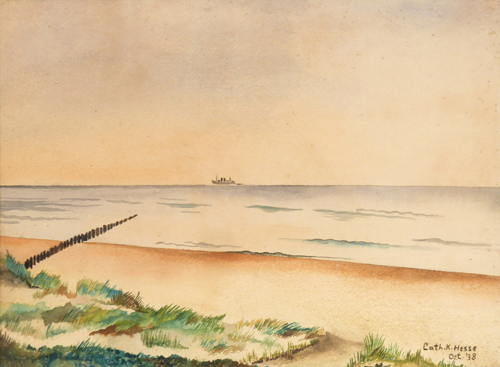 aquarel met afbeelding strand, duinen en schip op achtergrond
