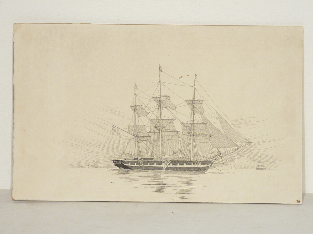 Scheepsportret fregat Bernard Hertog van Sachsen Weimar, waarmee kapitein Pieter Hendriks Hazewinkel in 1852 - 1854 zijn reis om de wereld maakte, getekend door Jan Berend Hazewinkel.