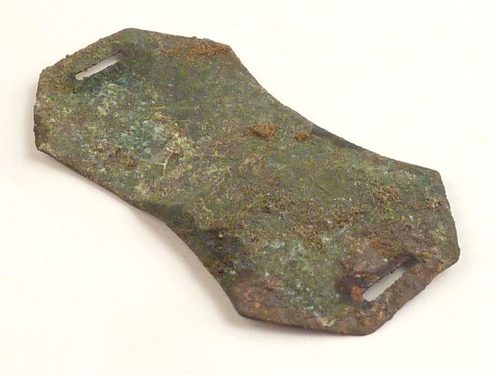 koperen rijwielbelastingplaat, gevonden als bodemvondst bij het uitbaggeren van het Boven Westerdiep te Veendam en als tarra vondst tussen de aardappelen in de trommel bij aardappelmeelfabriek DWM te Veendam.