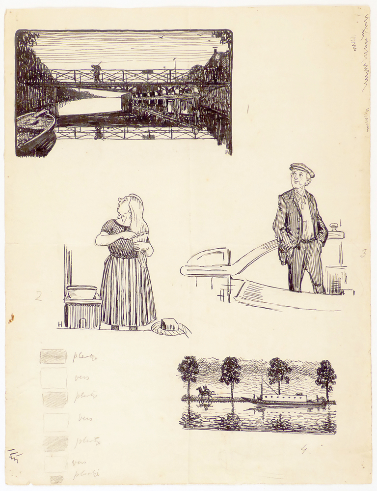 4 pentekeningen in een lijst, uitbeeldende het verhaal van de Knoalster Lorelei , bovenaan brug over een kanaal waar net een man over loopt, daaronder vrouw die haar haren kamt, ernaast jongeman achterop trekschuit, daaronder trekschuit en snikkejongen te paard