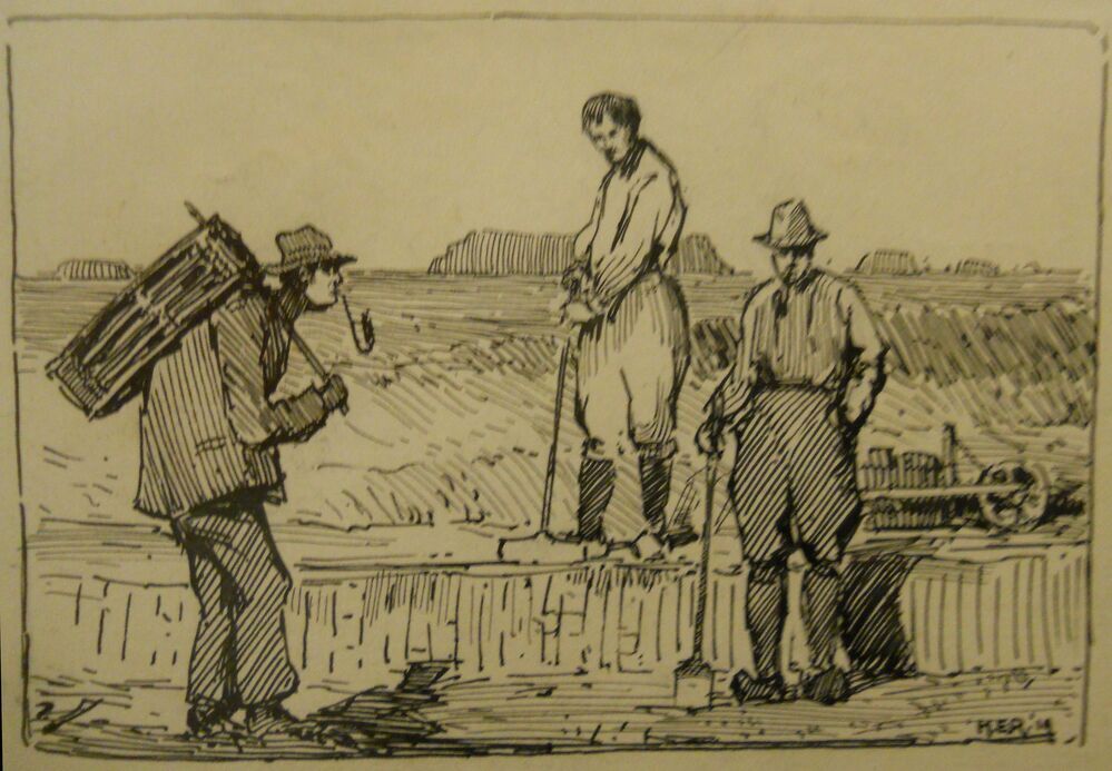 kiepkerel / marskramer met pijp, twee turfstekers op klompen, een met stikker en een met veenschep, op achtergrond veenlandschap, en rechts turfkruiwagen, rechtsonder gesigneerd HER 19