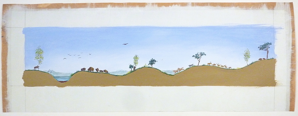 4 schilderingen die samen het verhaal vertellen van het ontstaan van het veen, ooit gebruikt in de vaste expositie van het veenkoloniaal museum, geschilderd door Bonno ten Kate