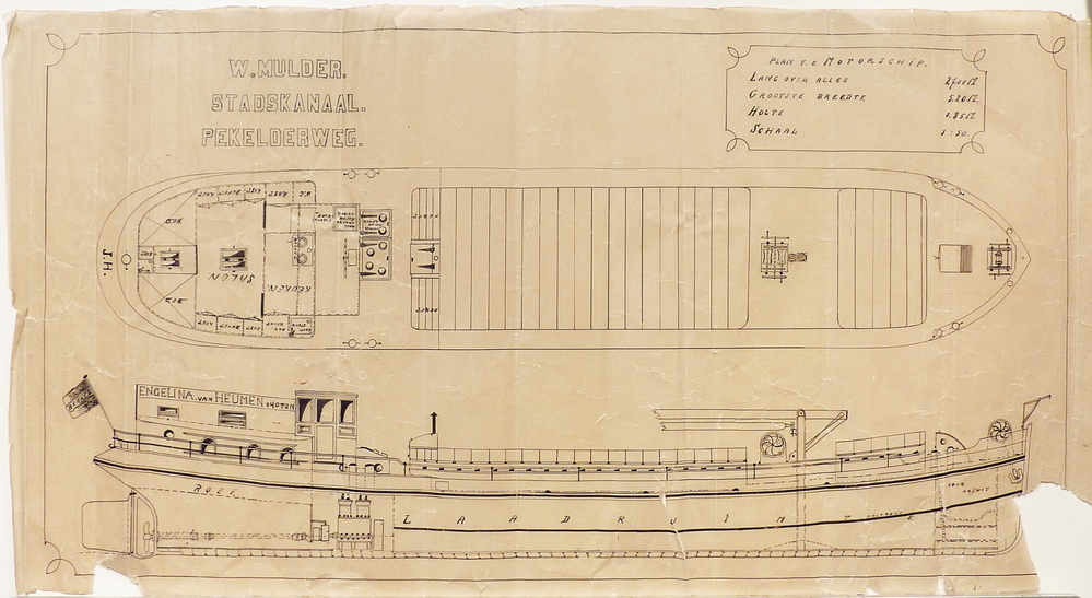 W Mulder Stadskanaal Pekelderweg / plan v.e. motorschip lang over alles 27.00 M grootste breedte 5.20 M Holte 1.85 M schaal 1 : 50 achter op schip inscriptie J.H. en scheepsnaam Engelina Van Heumen 140 ton