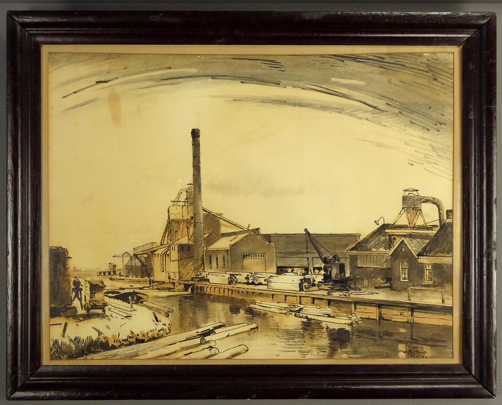 rechthoekige gouache in bruine houten lijst, afbeelding in diverse bruin gelige tinten, voorstellende houthandel firma J.M. Meihuizen te Wildervank, gelegen aan een kanaal vol boomstammen, met nog een stukje van een bocht in het kanaal en een sloep op de achtergrond aangemeerd, rechtsonder in zwart gesigneerd W.A. Knip mei 1941