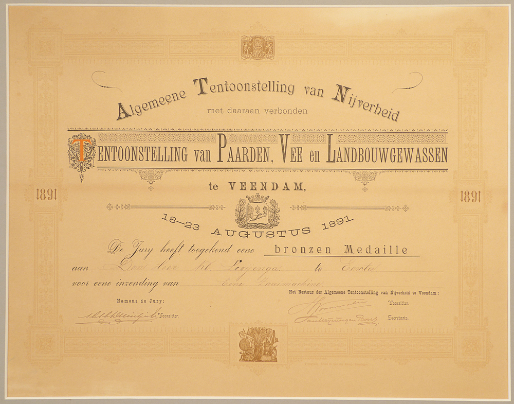 algemeene tentoonstelling van nijverheid met daaraan verbonden tentoonstelling van paarden , vee en landbouwgewassen te veendam 18 - 23 augustus 1891 bronzen medaille aan Kl Looijenga te eexta