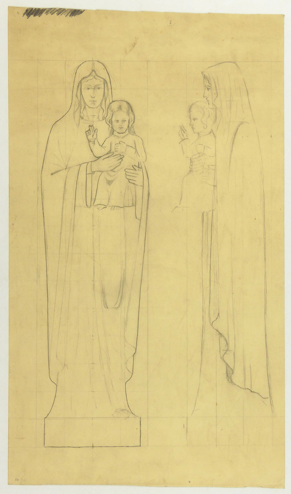 ontwerptekening Maria met kind, vooraanzicht en zijaanzicht