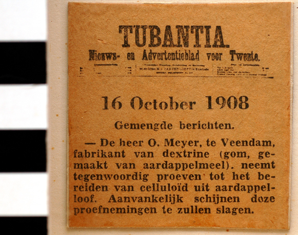 Tubantia 16 oktober 1908 O.J.Meijer doet proeven om celluloid uit aardappelloof te maken