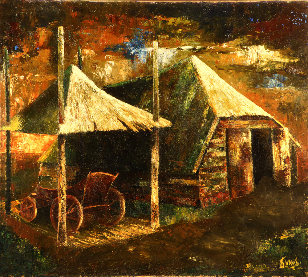 olieverfschilderij op doek / jute met afbeelding van een boerenschuur met openstaande deur, links daarvan een hooischuur op palen waarin een kar staat. Rechtonder gesigneerd Dorus 43? 48? .