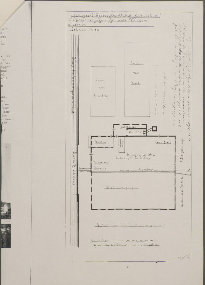 4 A 4tjes met daarop kadastrale kaart ligging aardappelmeelfabriek en plattegronden De Eersteling te Borgercompagnie, linksboven inscriptie Gemeente Veendam Sectie A blad 2 schaal 1 a 2500