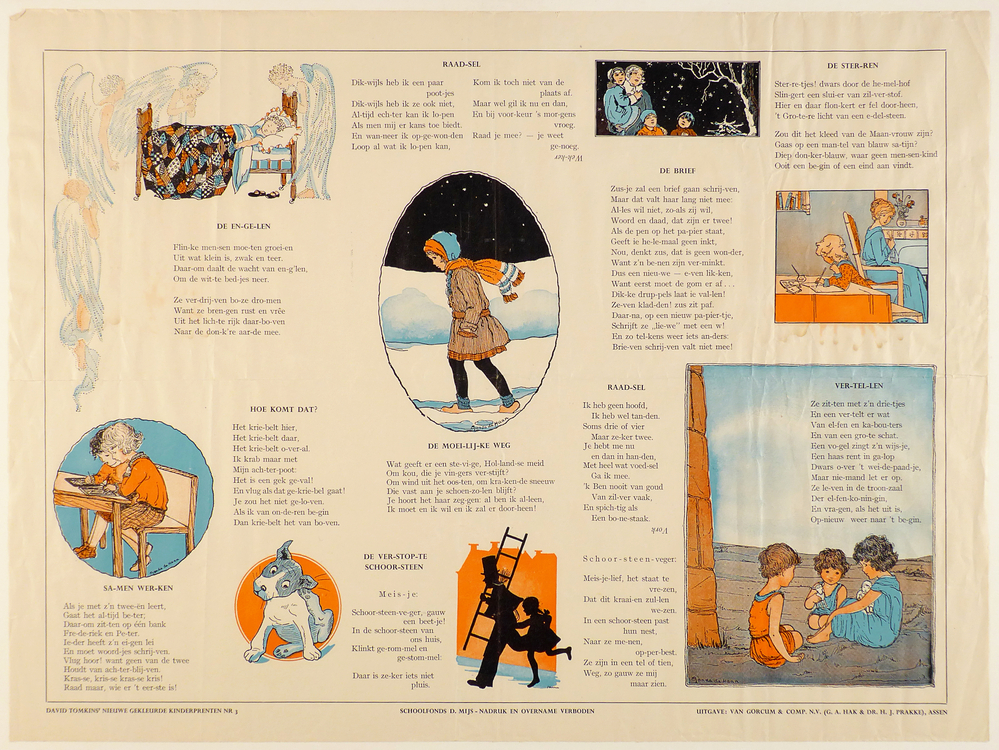 rechthoekig blad papier met daarop 10 rijmpjes met 8 illustraties gesigneerd Gonda de Haan, onderkant links inscriptie David Tomkin's nieuw gekleurde kinderprenten nr 3. in het midden Schoolfonds D.Mijs nadruk en overname verboden rechterkant onder uitgave: Van Gorkum & Comp.N.V. (G.A.Hak & Dr. H.J. Prakke), Assen