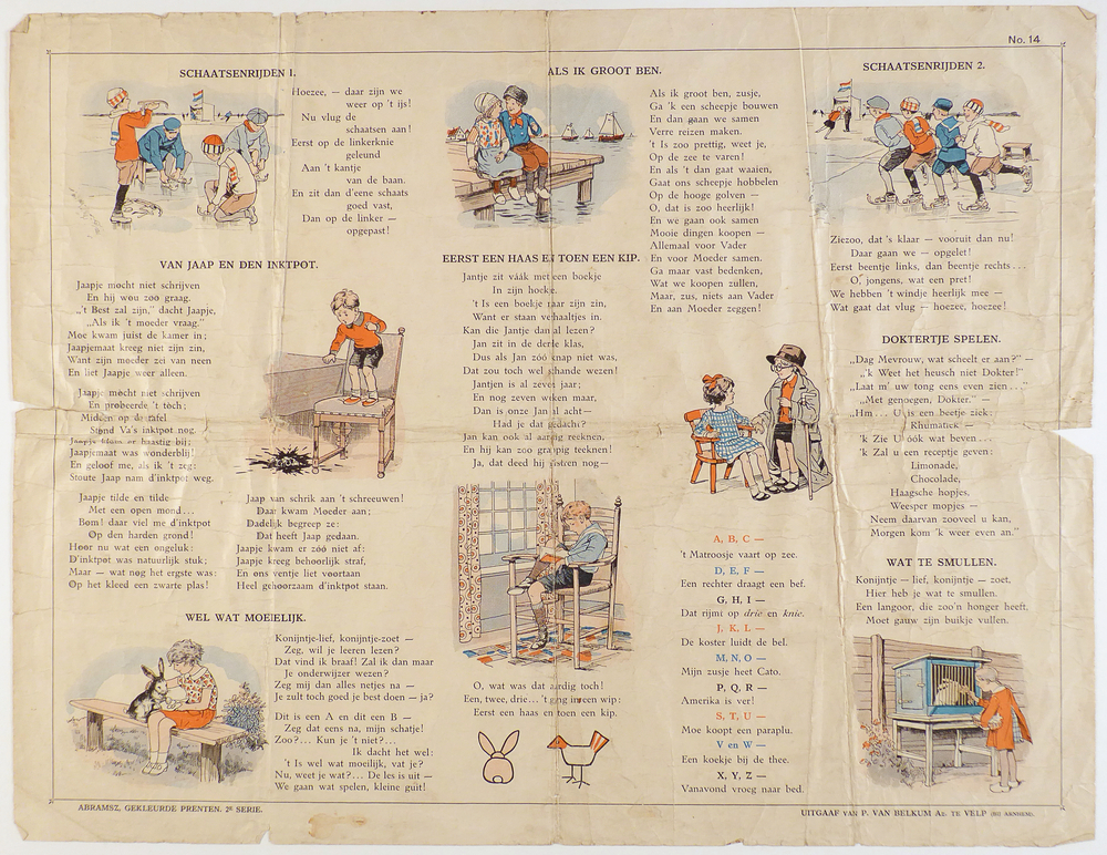 rechthoekig blad papier met daarop 9 rijmpjes met 9 illustraties/ Litho's Onderkant links inscriptie Abrahamsz gekleurde prenten serie 2 uitgaaf P. Van Belkum Az te Velp (bij Arnhem)
