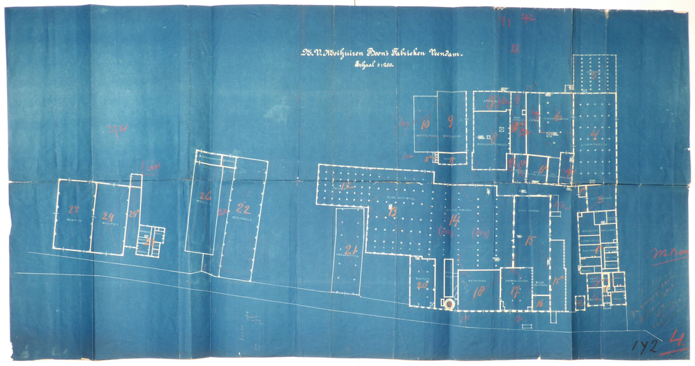 rechthoekige blauwe papier met witte opdruk NV Meihuizen Boon's Fabrieken Veendam schaal 1: 200, rechtsonder met potlood: no gewijzigd door kantoor Rebel 29 januari 1932