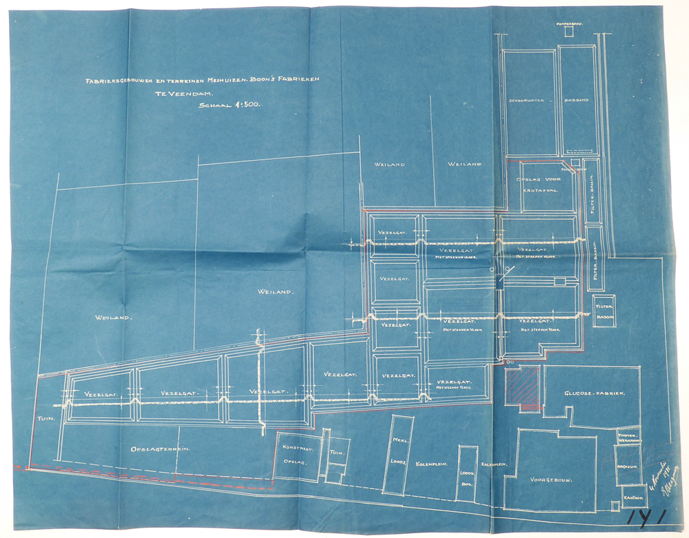 rechthoekige blauwe papier met witte opdruk fabrieksgebouwen en terreinen Meihuizen Boon's Fabrieken te Veendam schaal 1: 500, rechtsonder 4 november 1935 E.U.ergsm??????