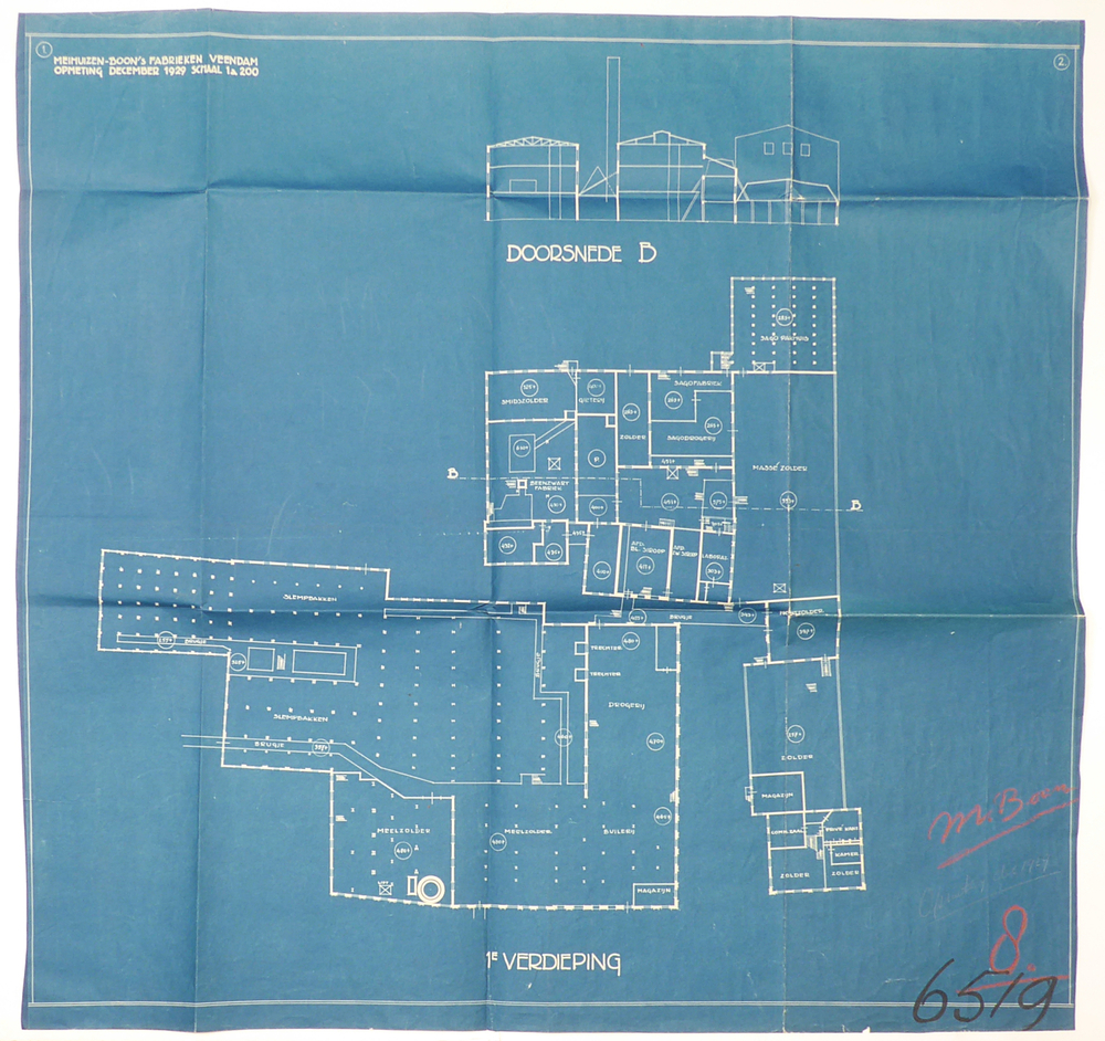 rechthoekige blauwe papier met witte opdruk Meihuizen Boon's Fabrieken te Veendam opmeting december 1929 schaal 1 a 200