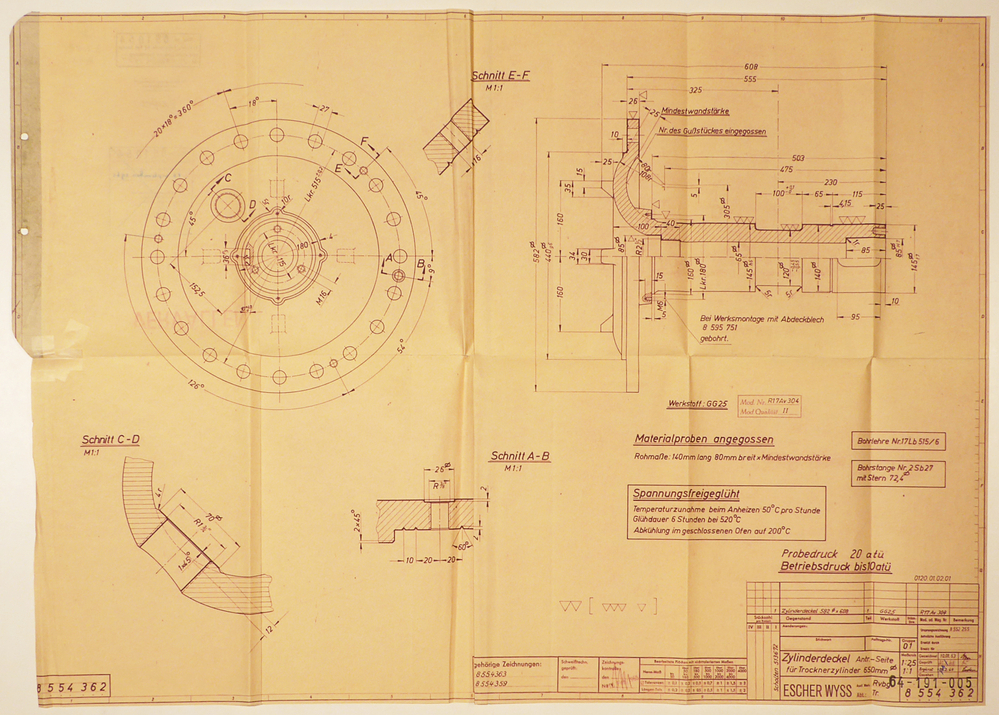 creme kleurige rechthoekige papier met  rechtsonder opdruk Zylinderdeckel Antr. seite fur trocknerzylinder 650 mm, afkomstig van aardappelmeelfabriek Scholten te Foxhol