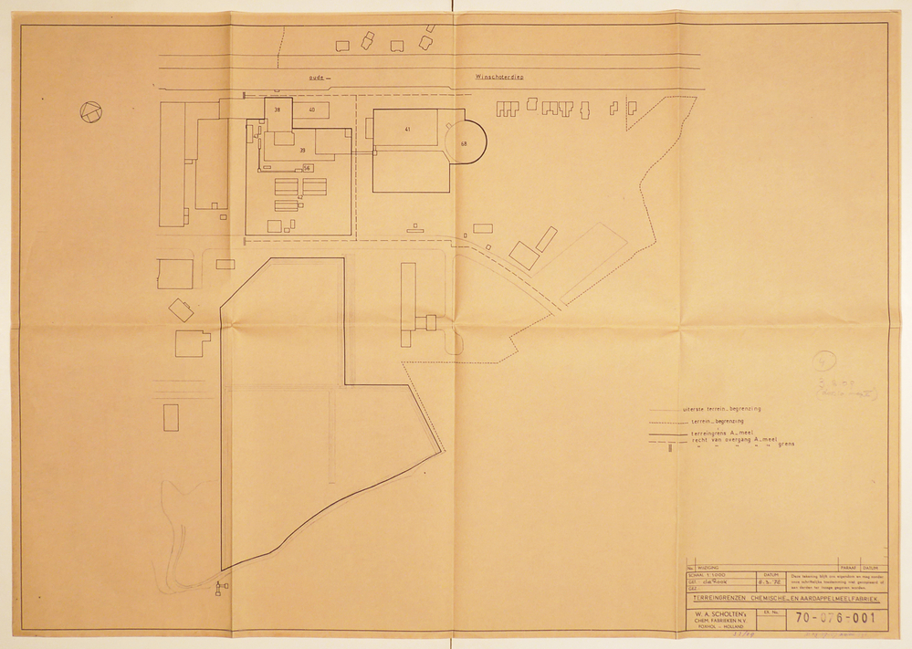 bruine kleurige rechthoekige papier met  rechtsonder opdruk Terreingrenzen chmeische en aardappelmeelfabriek W.A.Scholten 's chem. fabrieken NV Foxhol Holland